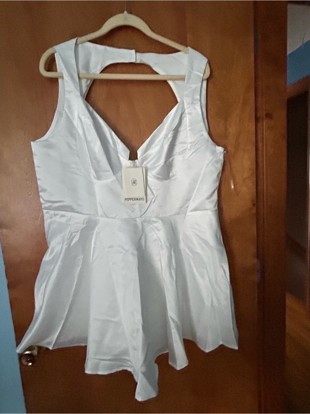 Peppermayo White Satin Peplum Sleeveless Dress